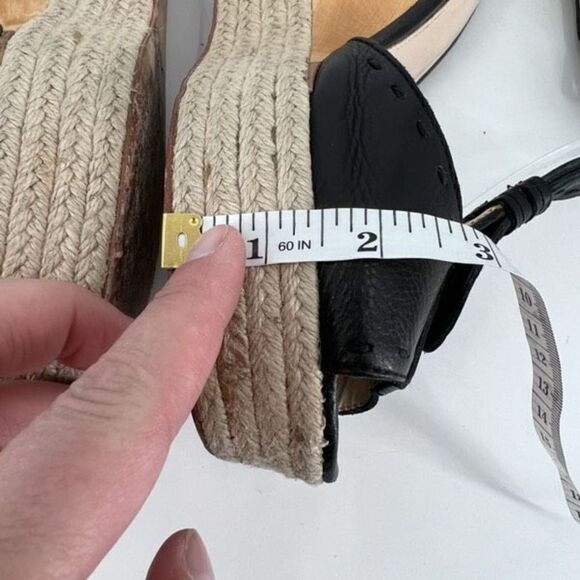 Coach Gala Black Leather Wedges Espadrille Wood Size 10 Peep toe T Strap Sandals - Picture 6 of 12